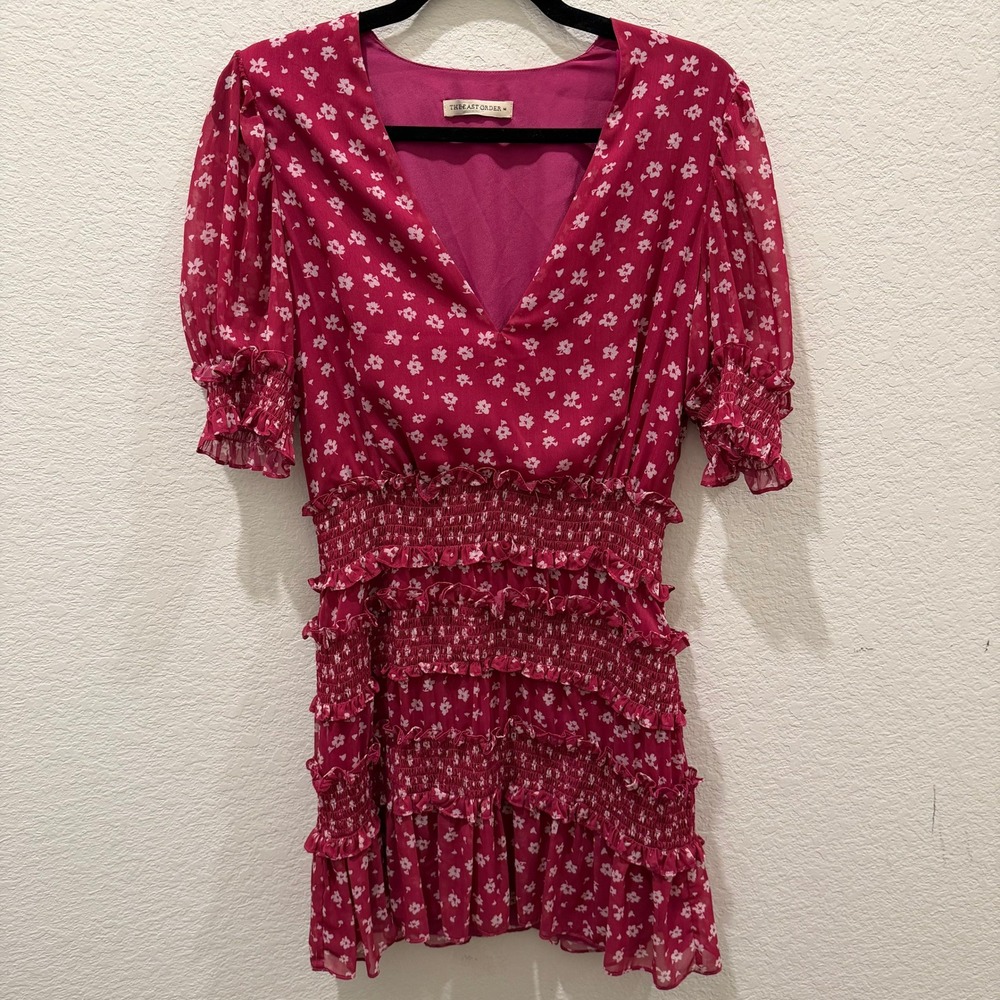 The East Order Pink Floral Smocked Ruffle V-Neck Mini Dress Medium